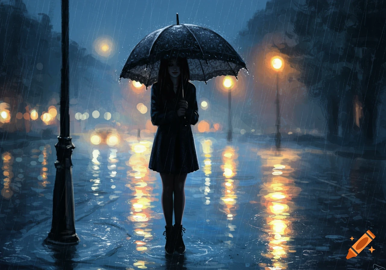 A lone girl holds a black umbrella in the rain on a wet city street, illuminated by warm streetlights and car lights, in a digital art style.