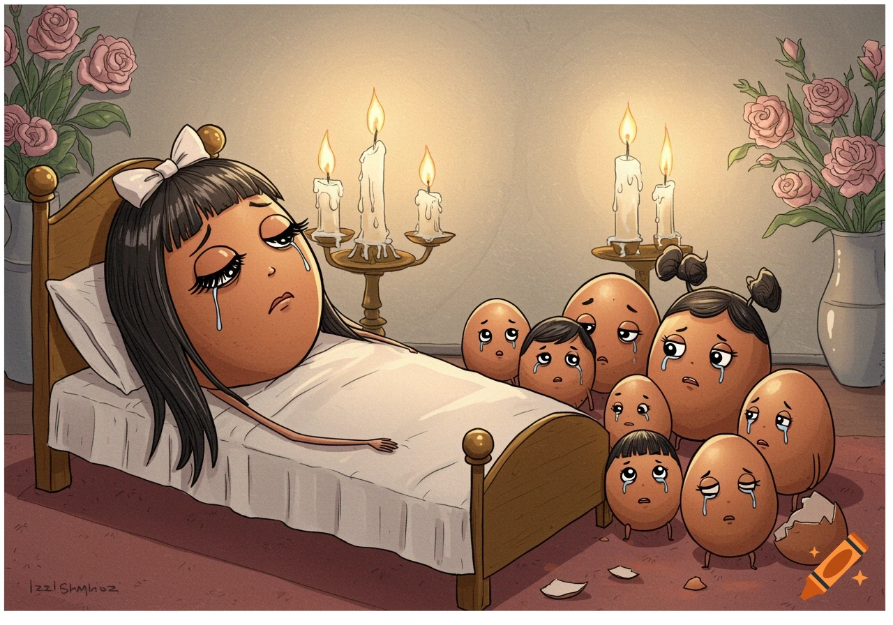 Cartoon illustration of a large egg with a bow on a deathbed, crying, surrounded by smaller crying egg family members.