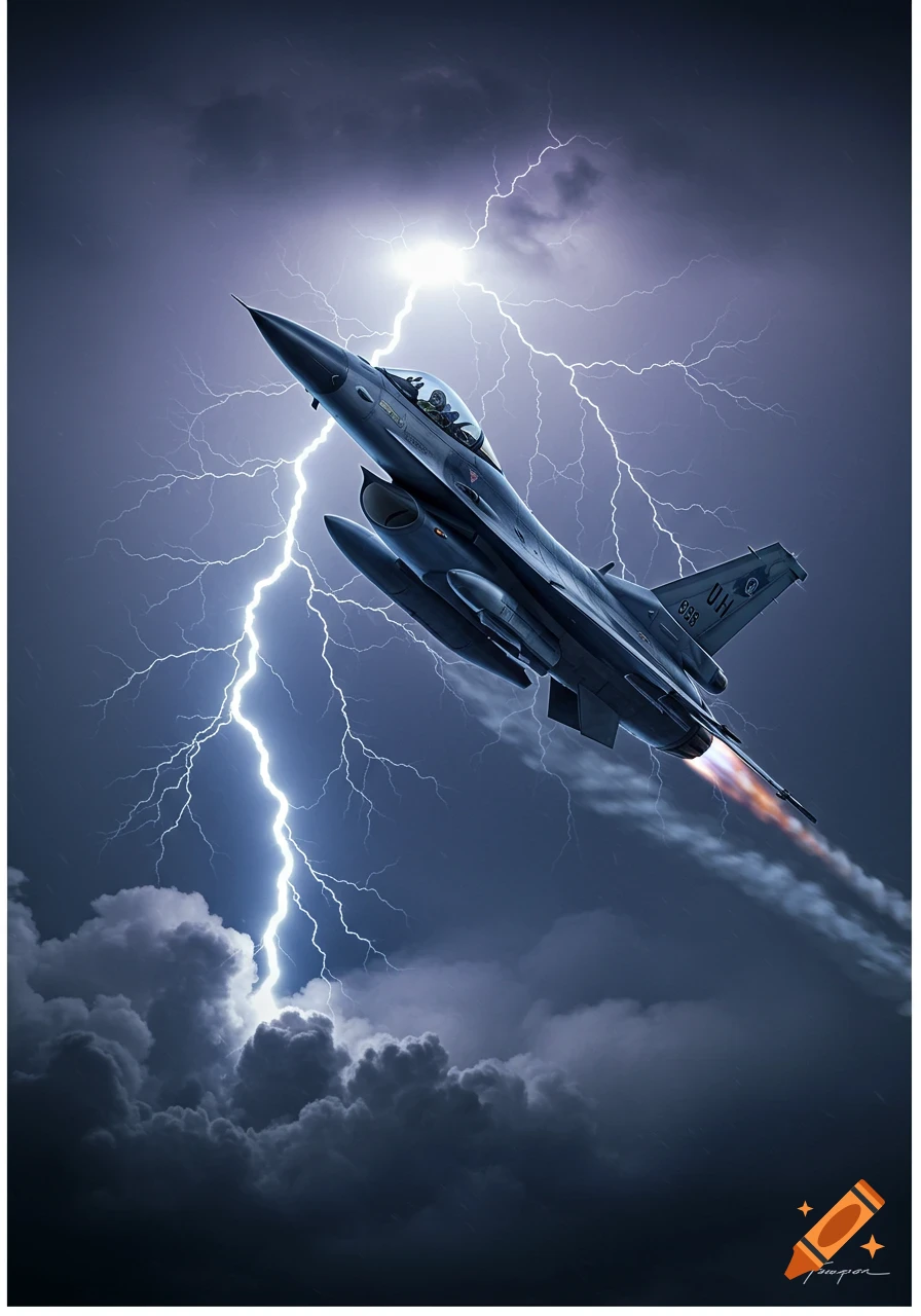 An F-16 fighter jet flies through a dramatic lightning storm with dark clouds, exhaust trailing from its engine.