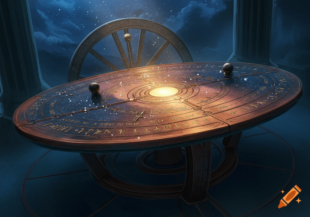 An ornate bronze celestial table with a glowing center, covered in stars and glyphs, under a dark, starry night sky, flanked by stone pillars.