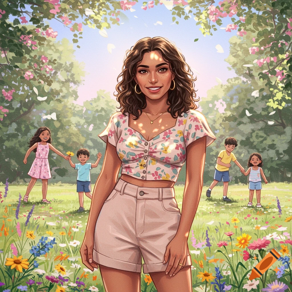 Smiling woman in a floral crop top and shorts stands in a field of wildflowers with children playing in the background, in an illustration style.