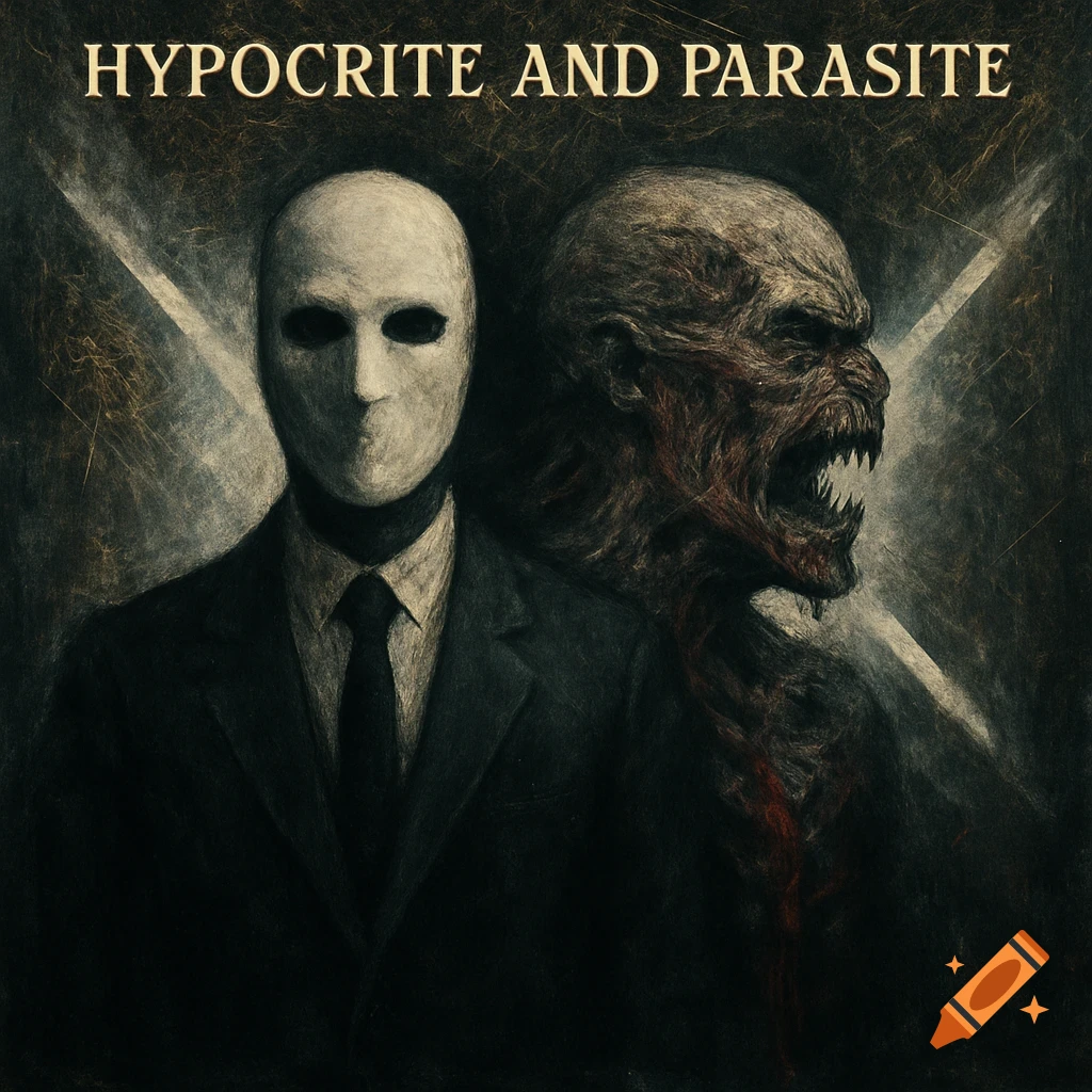 Dark, stylized horror art of a masked figure in a suit next to a screaming, monstrous red creature, titled 'HYPOCRITE AND PARASITE'.