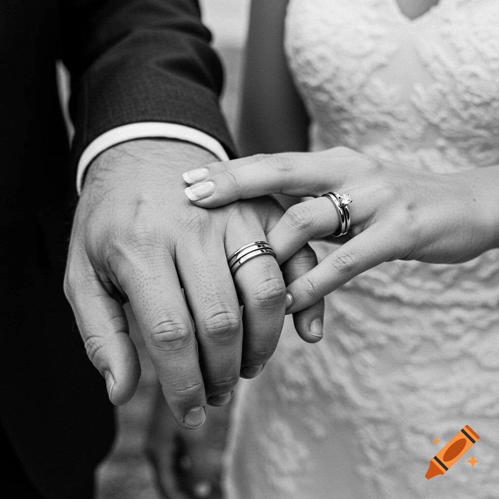 Close-up black and white photorealistic image of a man and woman's hands intertwined, showing their wedding rings.
