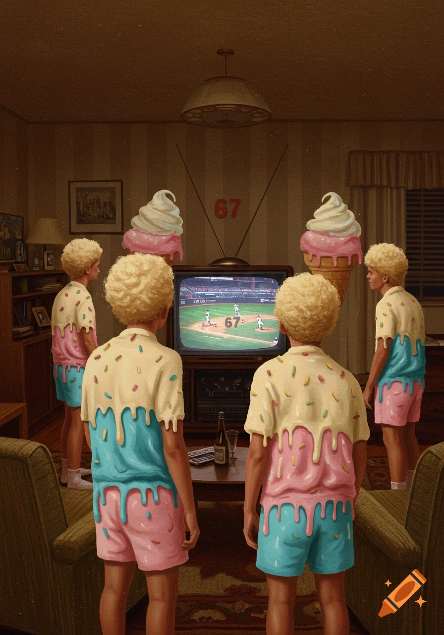 Five boys with fluffy blonde hair and melting ice cream clothes watch a baseball game on an old TV in a retro living room.