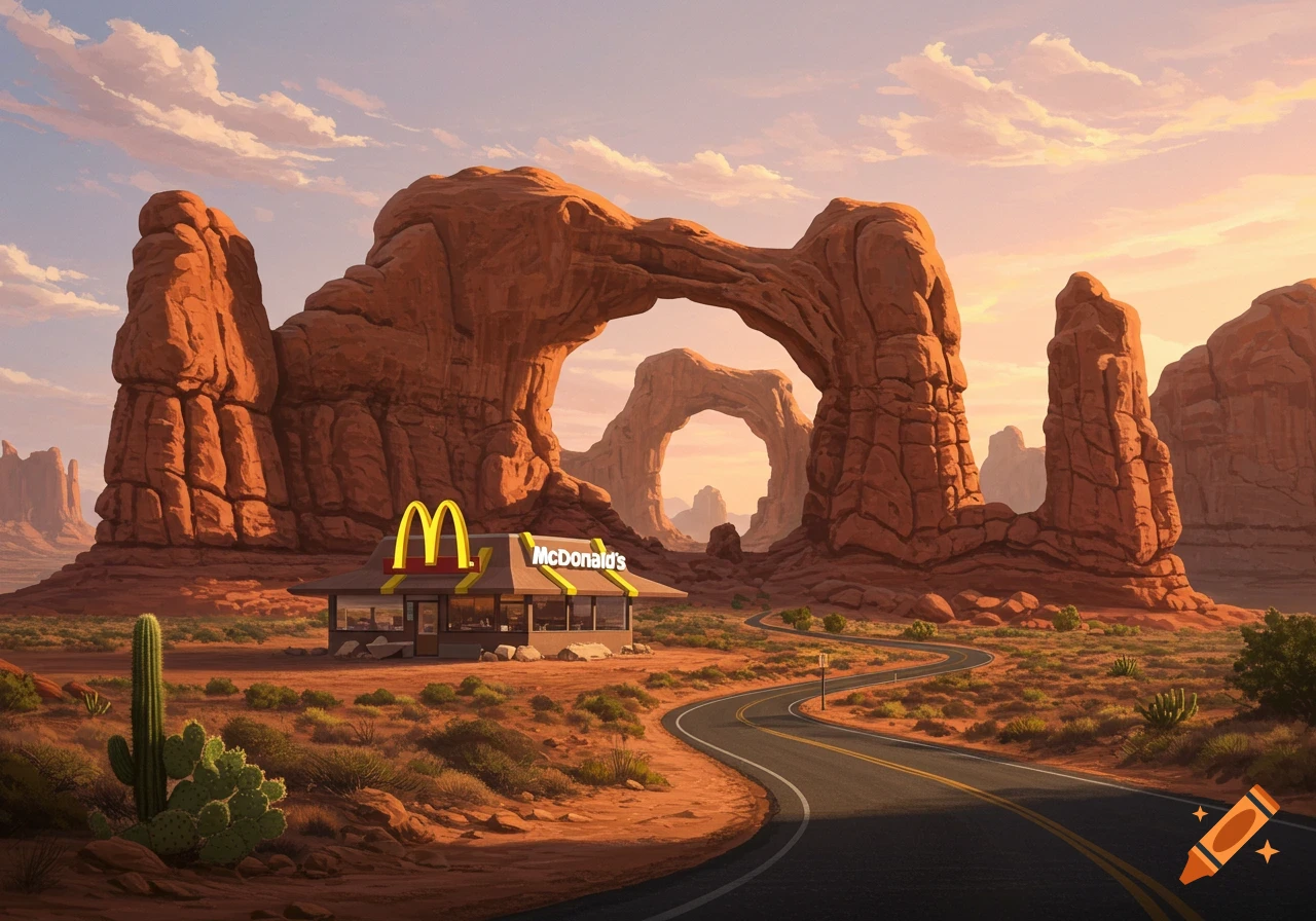A stylized McDonald's restaurant sits in a desert landscape with large natural rock arches and a winding road under a cloudy sky.