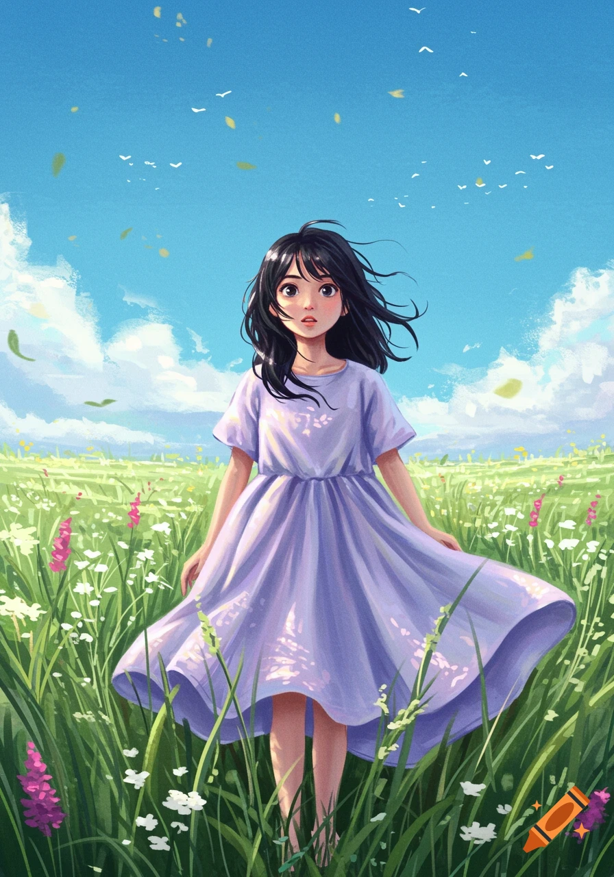 An illustration of a young girl with dark hair standing in a sunny, green field with flowers under a blue sky.