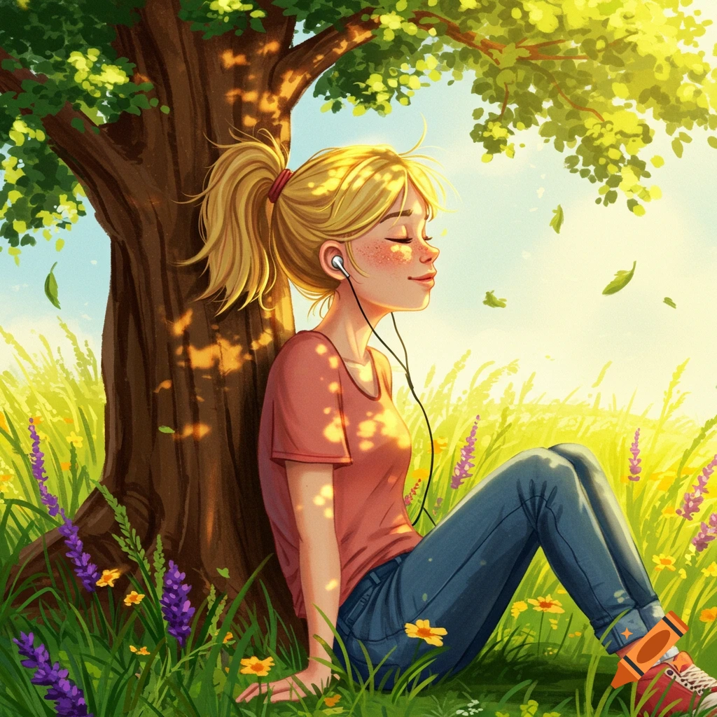 A blonde girl with a ponytail and freckles sits under a tree in a sunny, flower-filled field, listening to music with headphones, in a vibrant illustration.