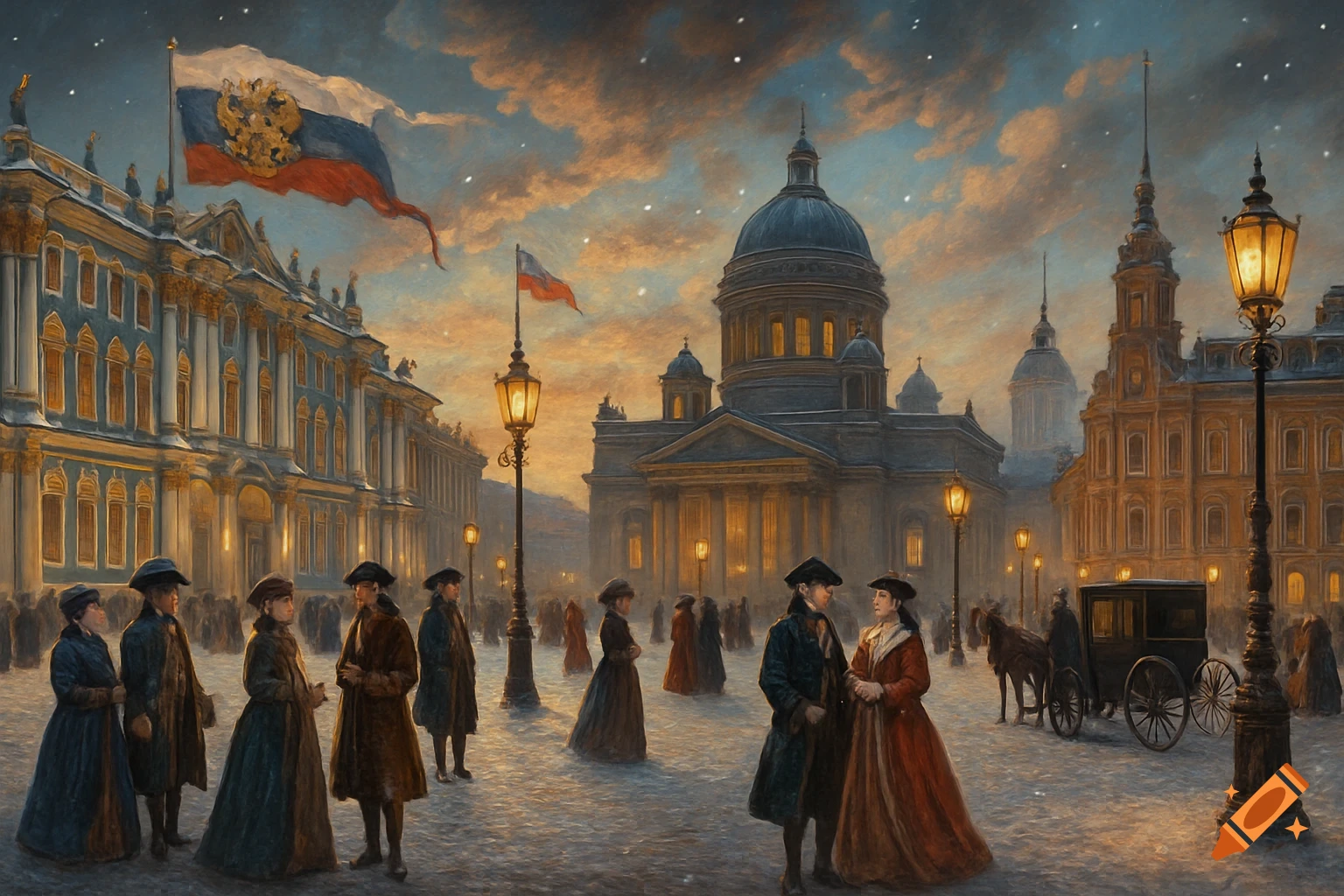 Painting of a historical Russian city street at dusk, with elegantly dressed people, grand European architecture, and Russian flags flying.