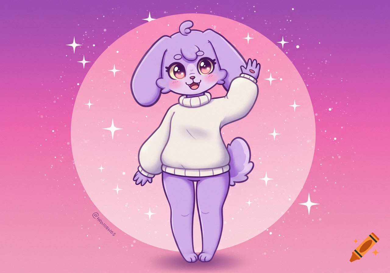 A cute cartoon lavender lop bunny fursona girl in a white sweater waves against a starry pink circle and gradient background.