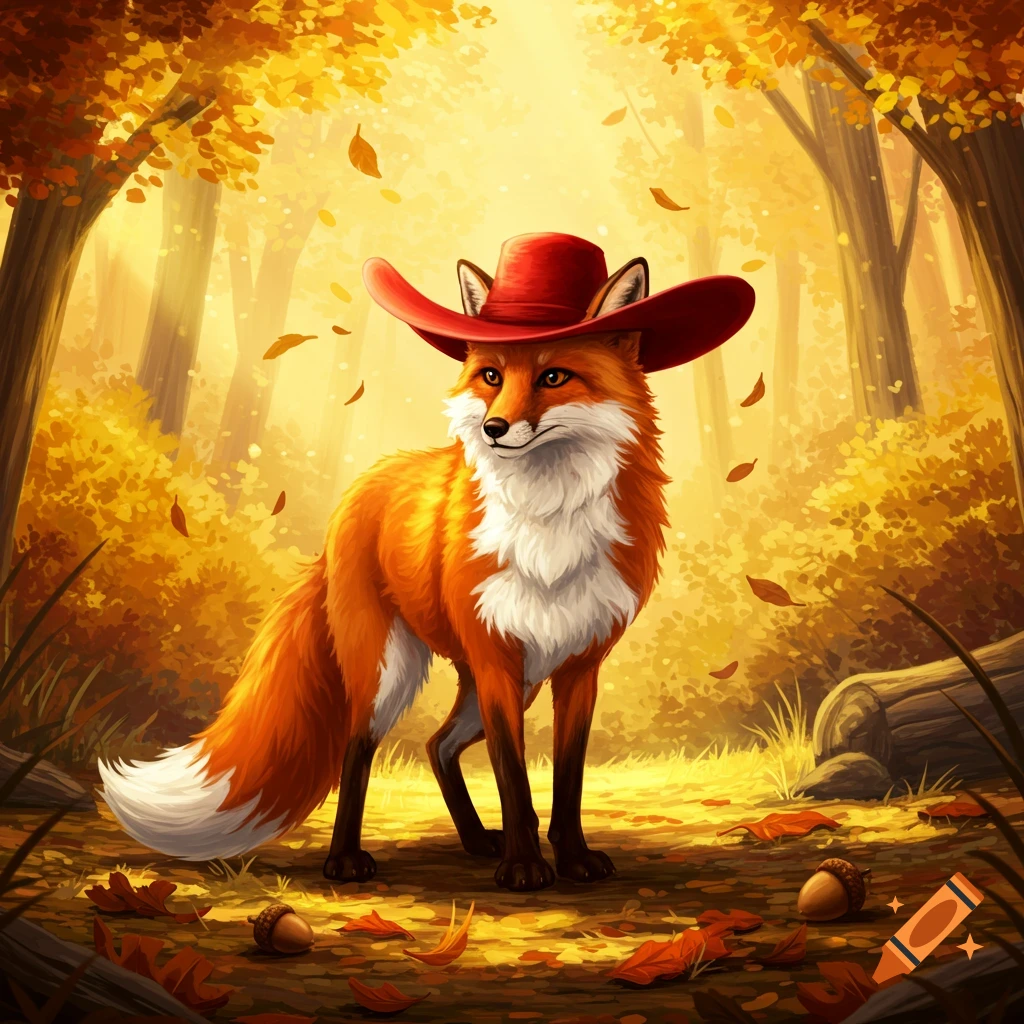 A charming fox wearing a red cowboy hat stands in a vibrant autumn forest with falling leaves and acorns.