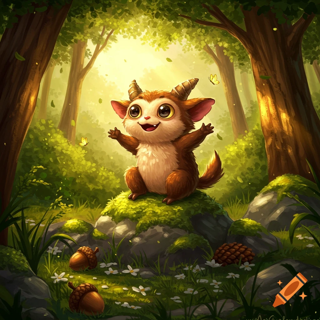 A cute, brown, horned furry creature with big eyes sits happily on a mossy rock in a sunlit forest, with butterflies, acorns, and flowers.