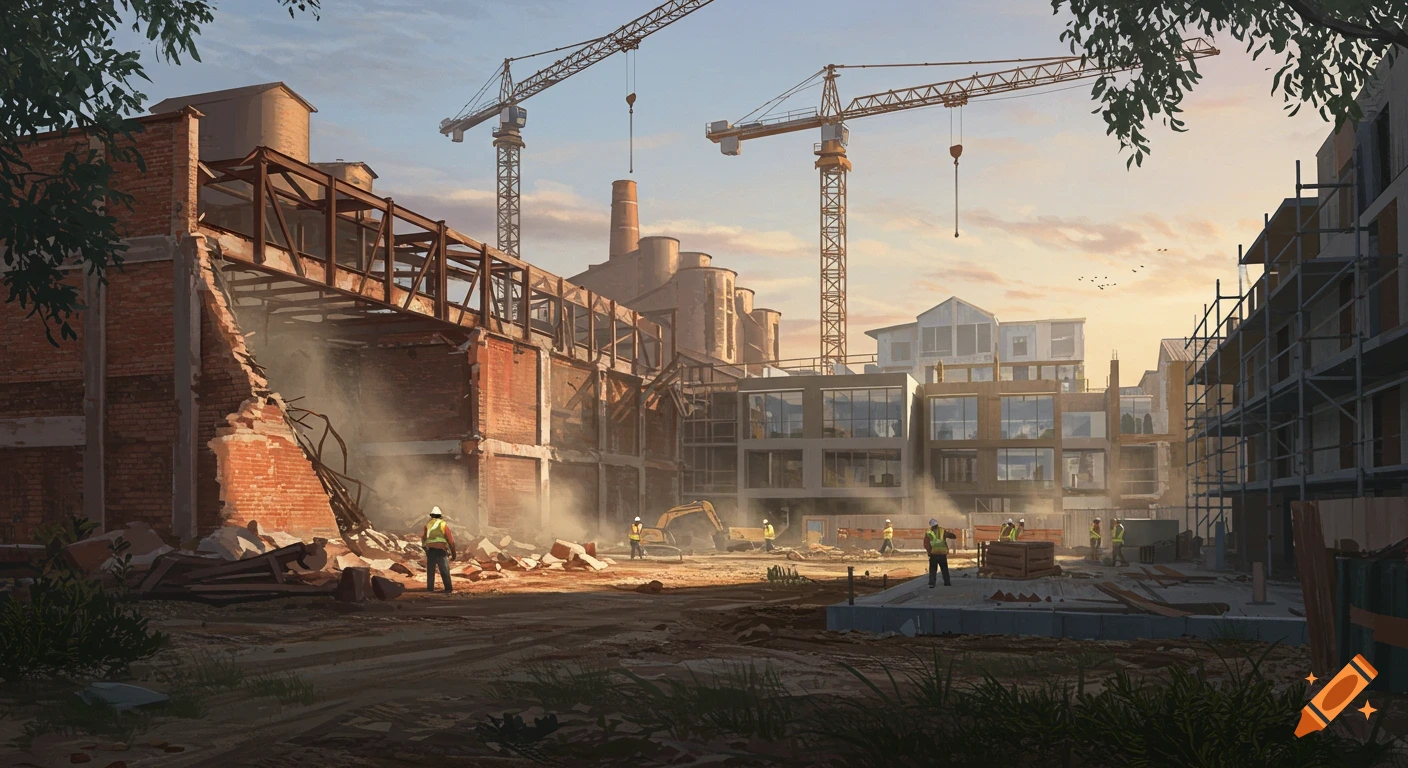 Urban construction site at sunset: old factories demolished, new residential buildings under construction with cranes and workers.
