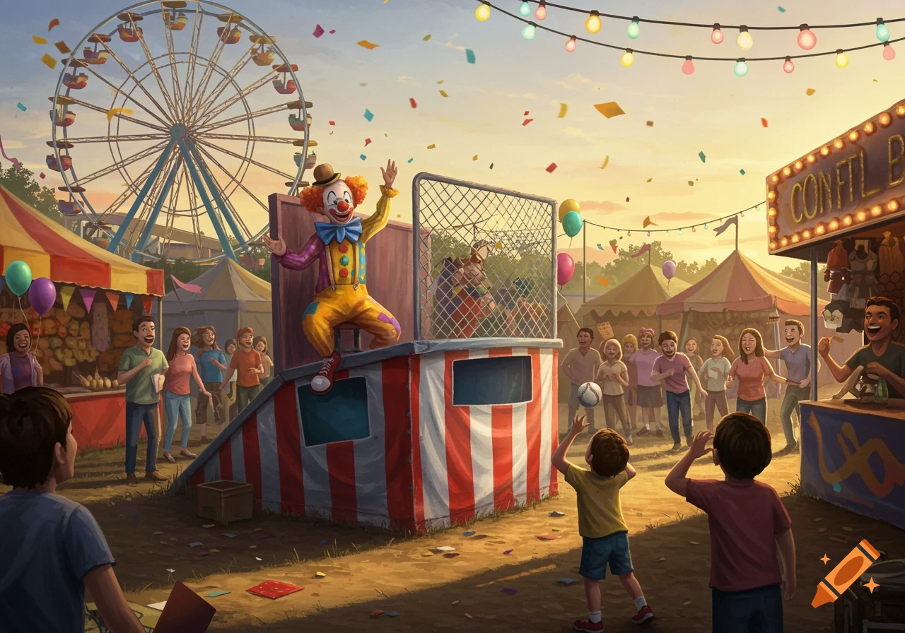 A vibrant illustration of a carnival at sunset, with a clown on a dunk tank, children playing, and a large ferris wheel in the background.