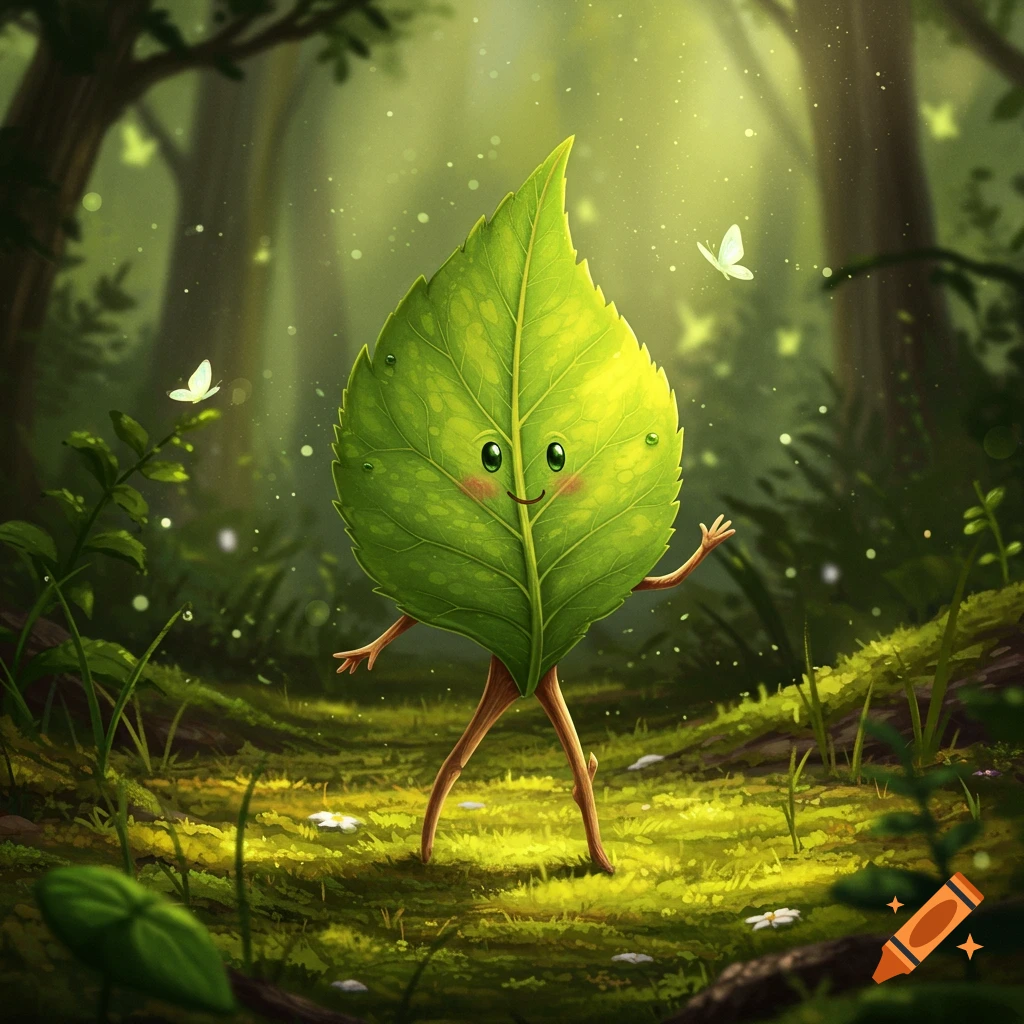 A whimsical, smiling green leaf character with stick legs and arms walks on a sunlit forest path with butterflies.