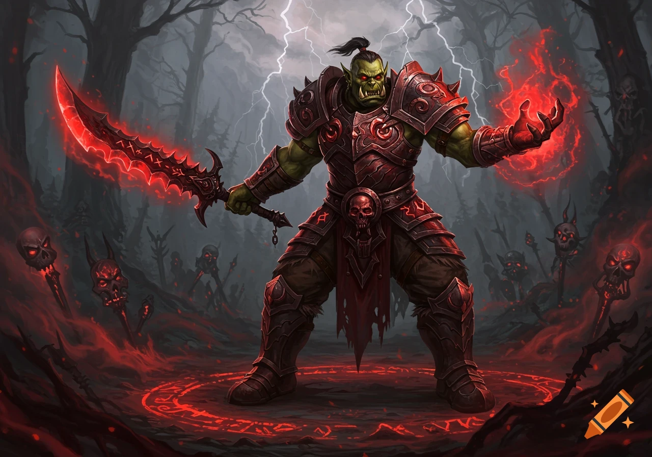A powerful green-skinned Orc Blood Mage in red armor stands in a dark forest during a lightning storm, wielding a glowing red blood rapier and casting a blood magic spell with his other hand, surrounded by skull-topped staffs and an arcane symbol on the ground.