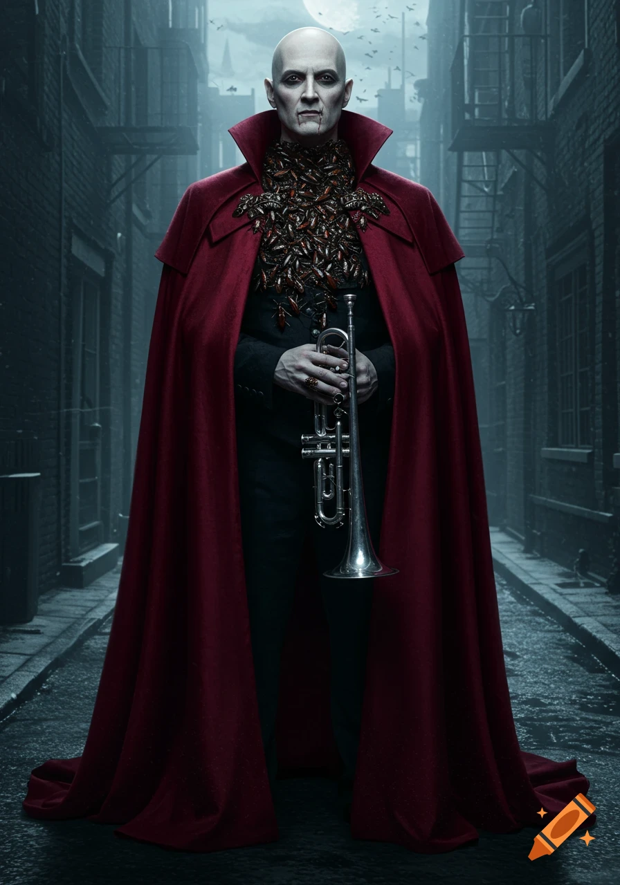 A bald man in a red vampire cloak covered in cockroaches holds a trumpet in a dark, moonlit alley.