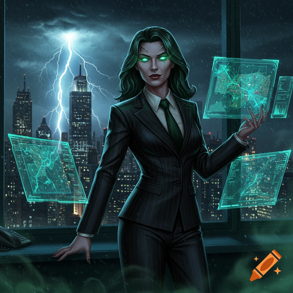 Digital painting of a powerful woman with green hair and glowing eyes in a pinstripe suit, manipulating holographic screens in a stormy city.