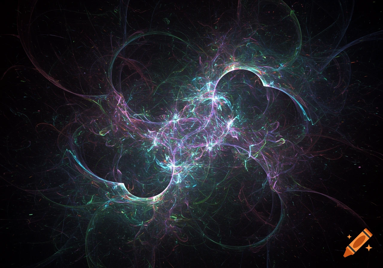 A vibrant abstract fractal pattern with glowing purple, blue, green, and pink lines swirling on a dark background.