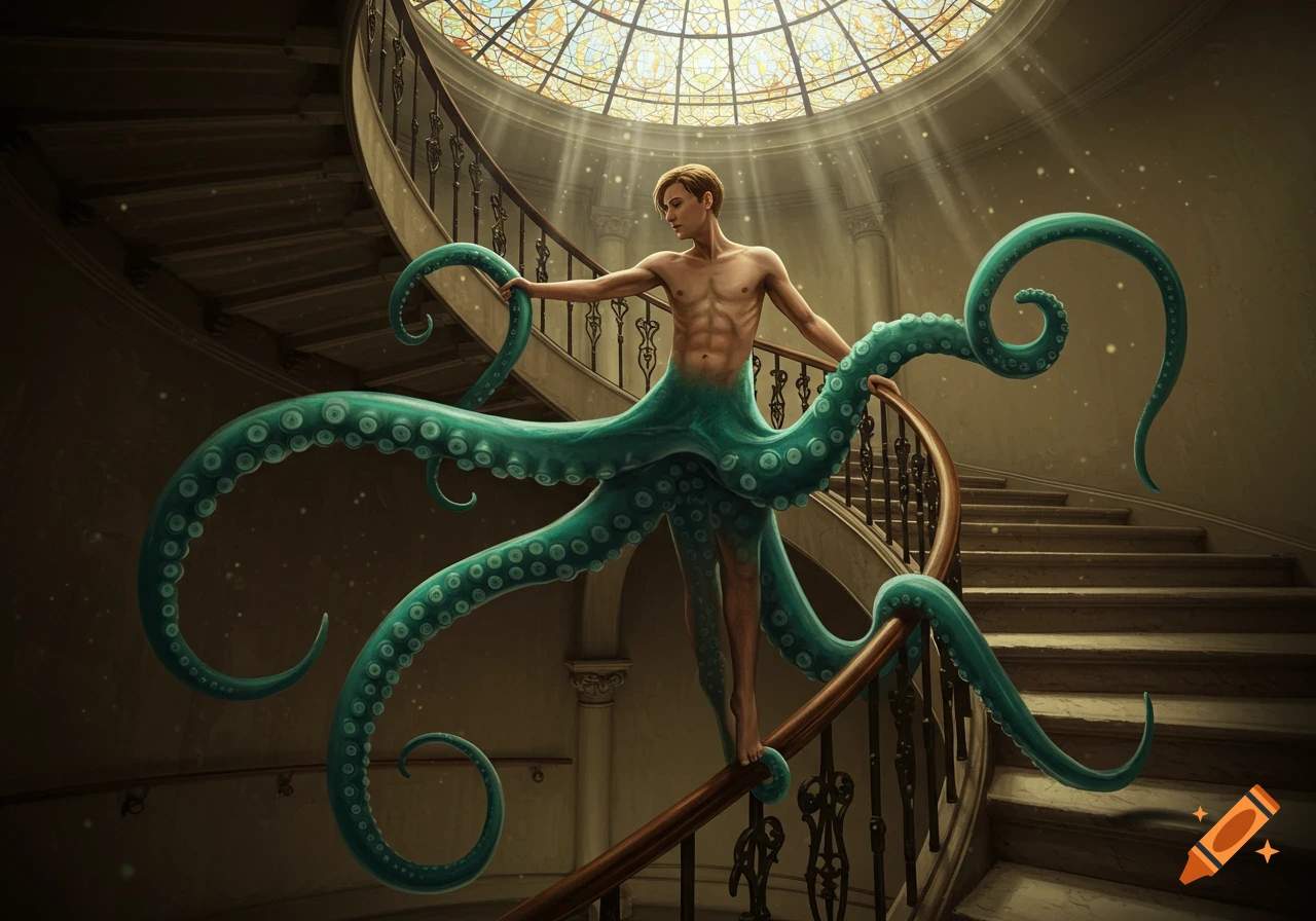 A man with green octopus tentacles for legs balances on a grand staircase railing under a stained-glass dome. Fantasy art style.