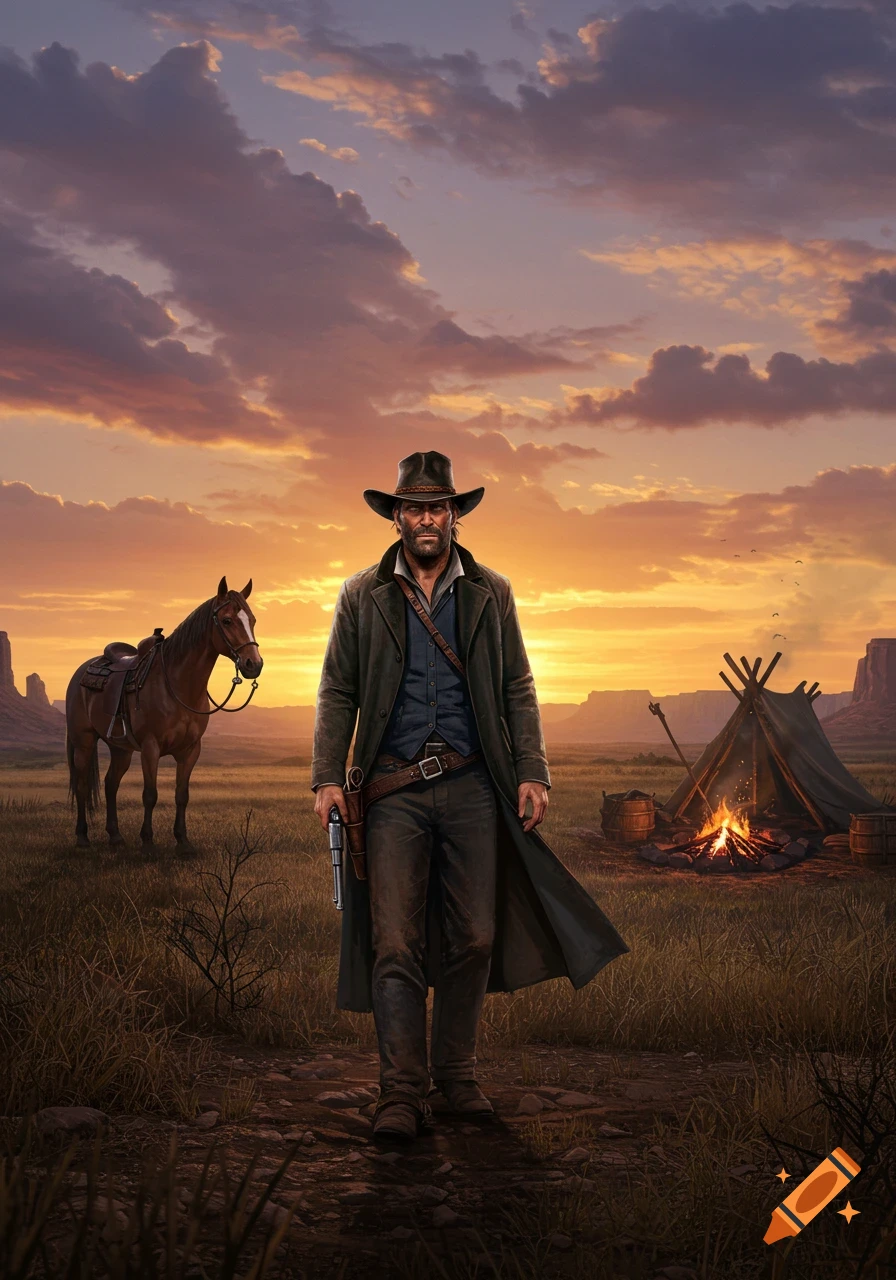 A serious cowboy in a duster coat and hat stands with a revolver at his side, a horse, tent, and campfire behind him in a vast Western landscape at sunset.