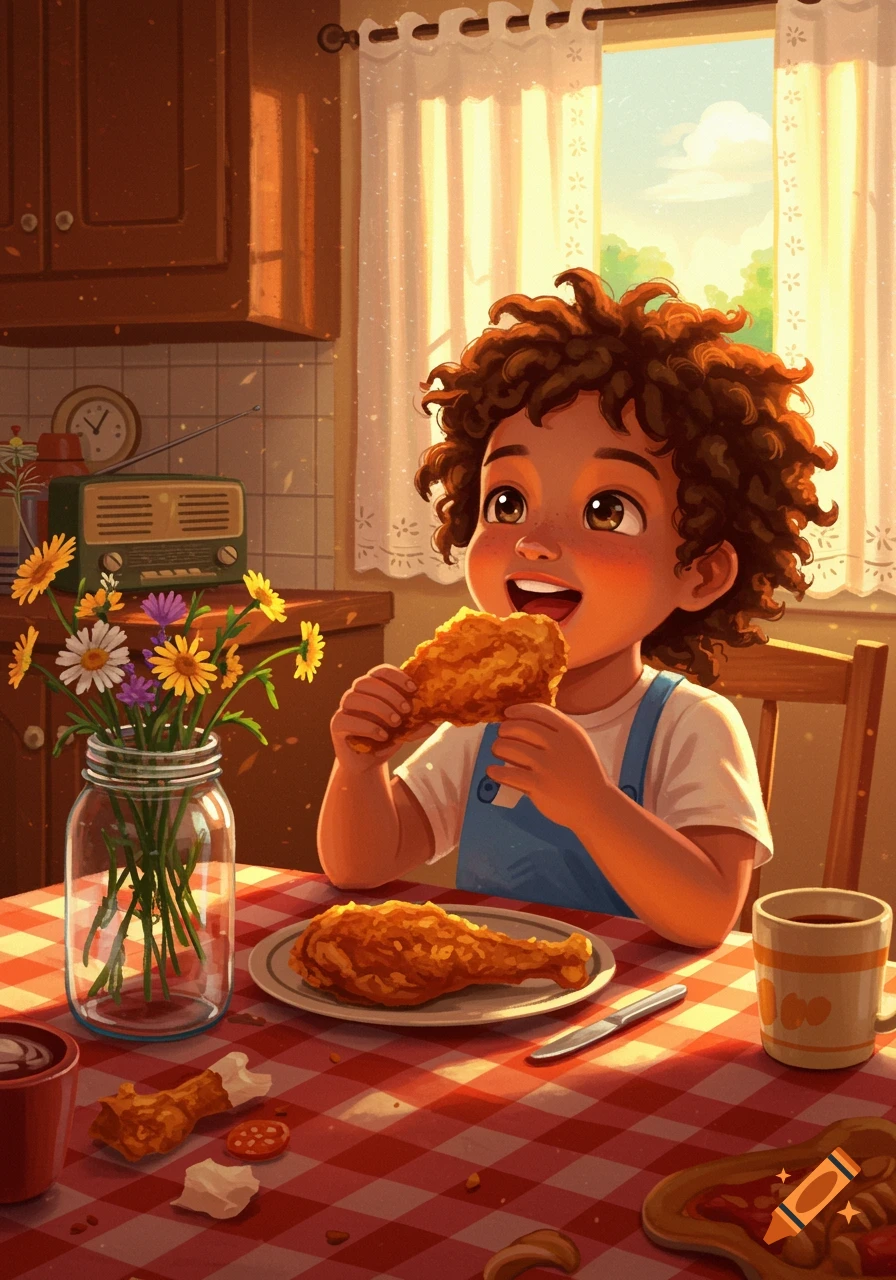 An animated child with curly hair happily eats fried chicken at a checkered kitchen table bathed in warm sunlight.
