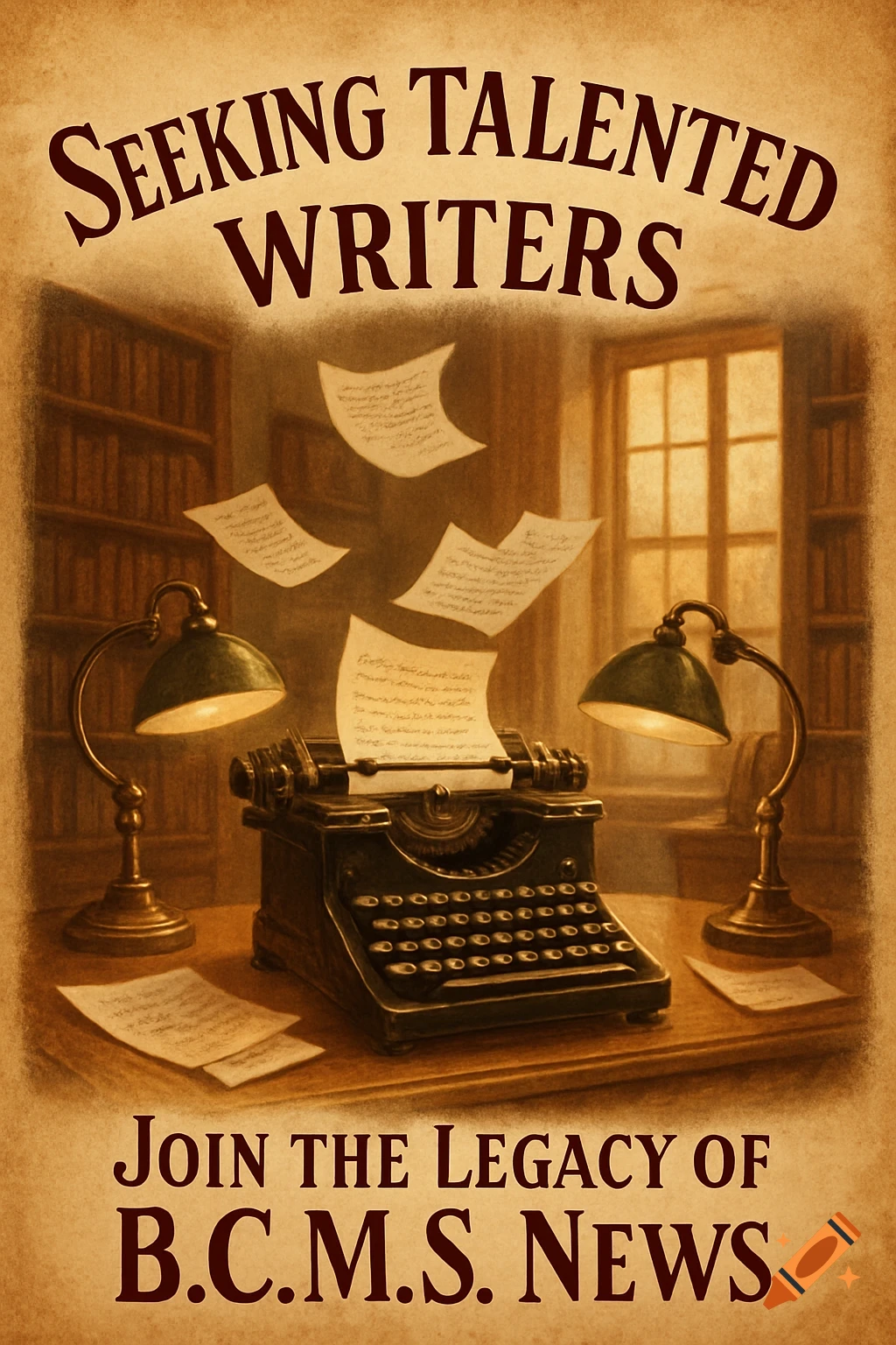 Vintage poster seeking talented writers for B.C.M.S. News, with a typewriter, flying papers, and desk lamps in a library.