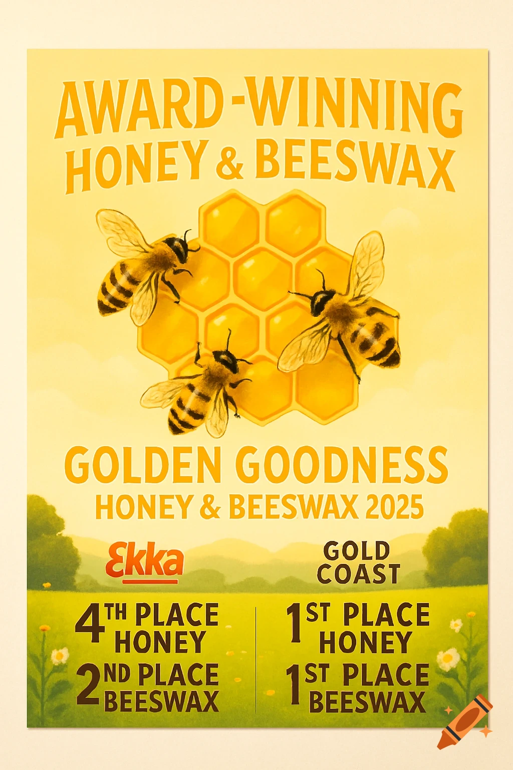 A poster advertising "AWARD-WINNING HONEY & BEESWAX" with three bees on a honeycomb, and text detailing Ekka and Gold Coast awards for honey and beeswax against a yellow landscape.