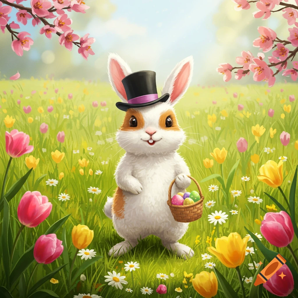 A cute Easter bunny with a top hat, holding a basket of eggs, stands in a vibrant spring field with colorful flowers and cherry blossoms.
