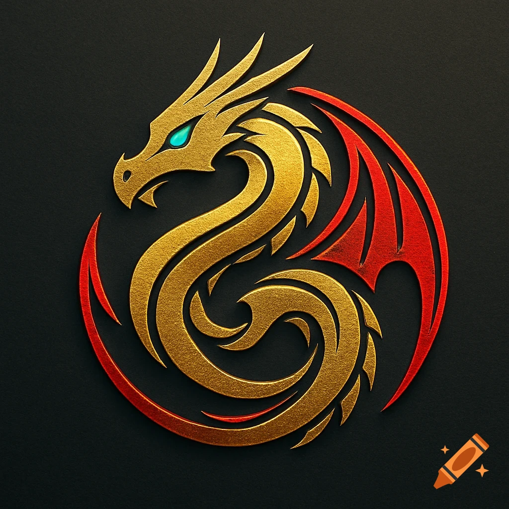 Stylized golden dragon logo with red wings and a baby blue eye on a dark background.