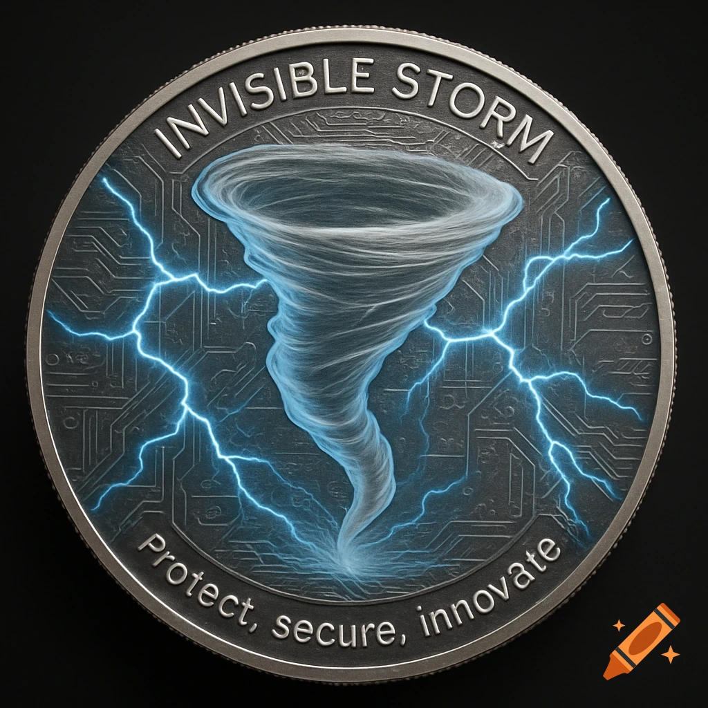 Silver challenge coin with a glowing blue tornado, lightning, and microelectronic circuits. Text: 'Invisible Storm', 'Protect, secure, innovate'.