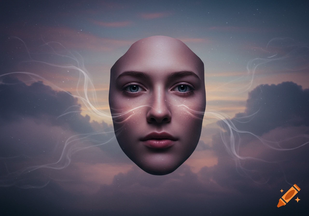A floating, disembodied human face with glowing light trails, set against a cloudy twilight sky.