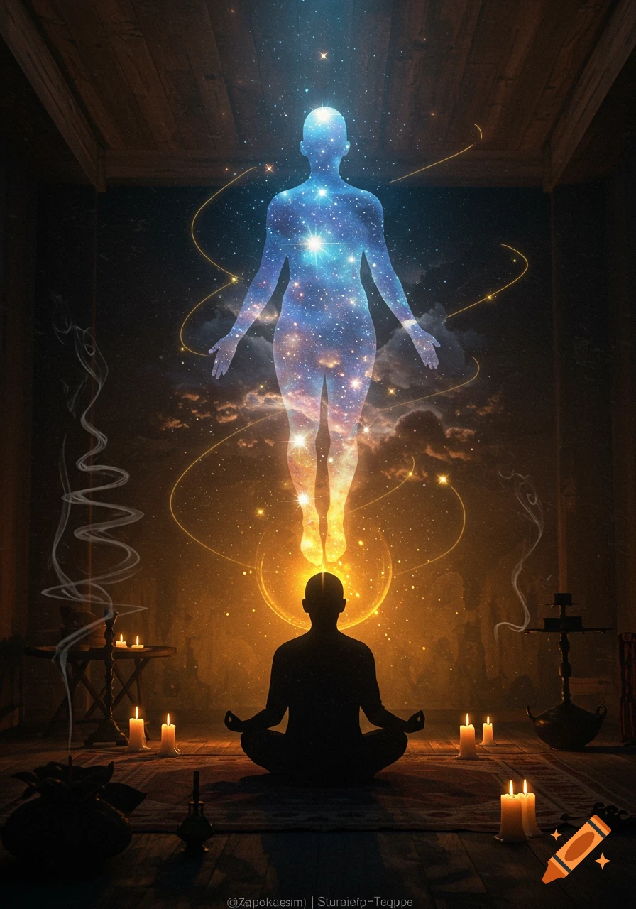A silhouette meditates in a dim room with candles as a glowing, starry human-shaped astral body floats above, connected by light.