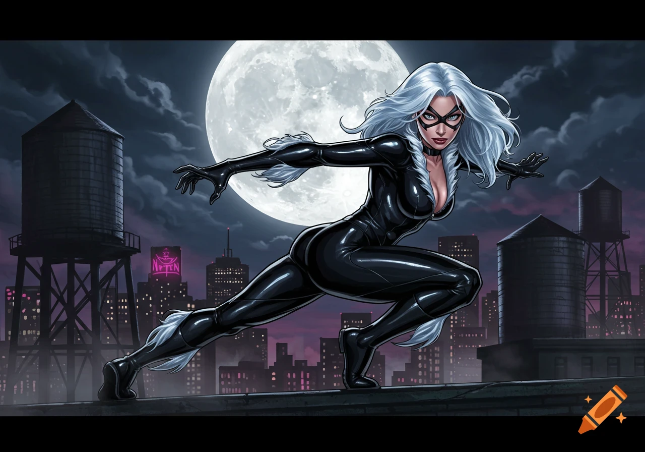 Black Cat from Spider-Man crouches on a rooftop at night under a full moon, in a comic art style.