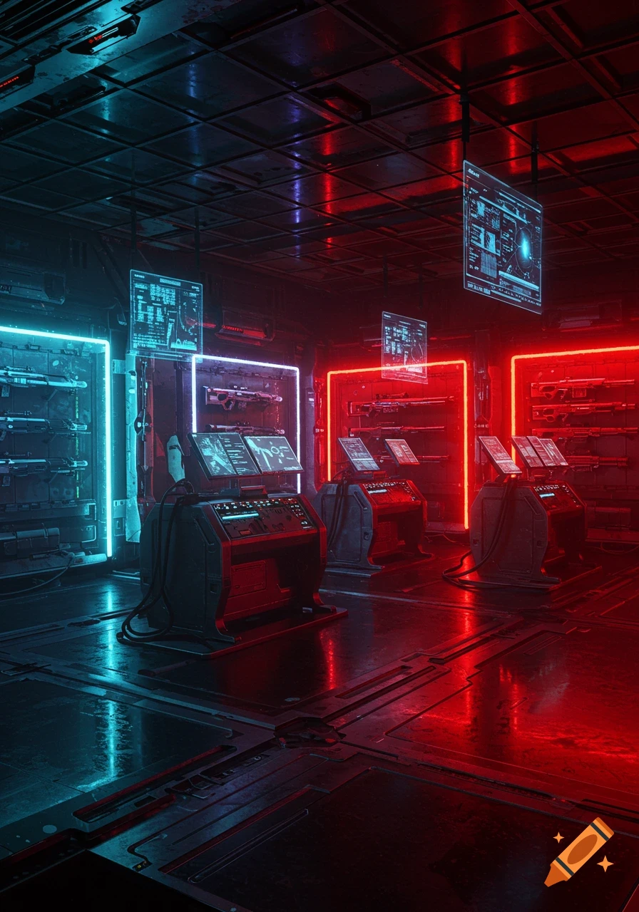 A futuristic sci-fi armory with red and blue neon lights, displaying rifles and control panels.