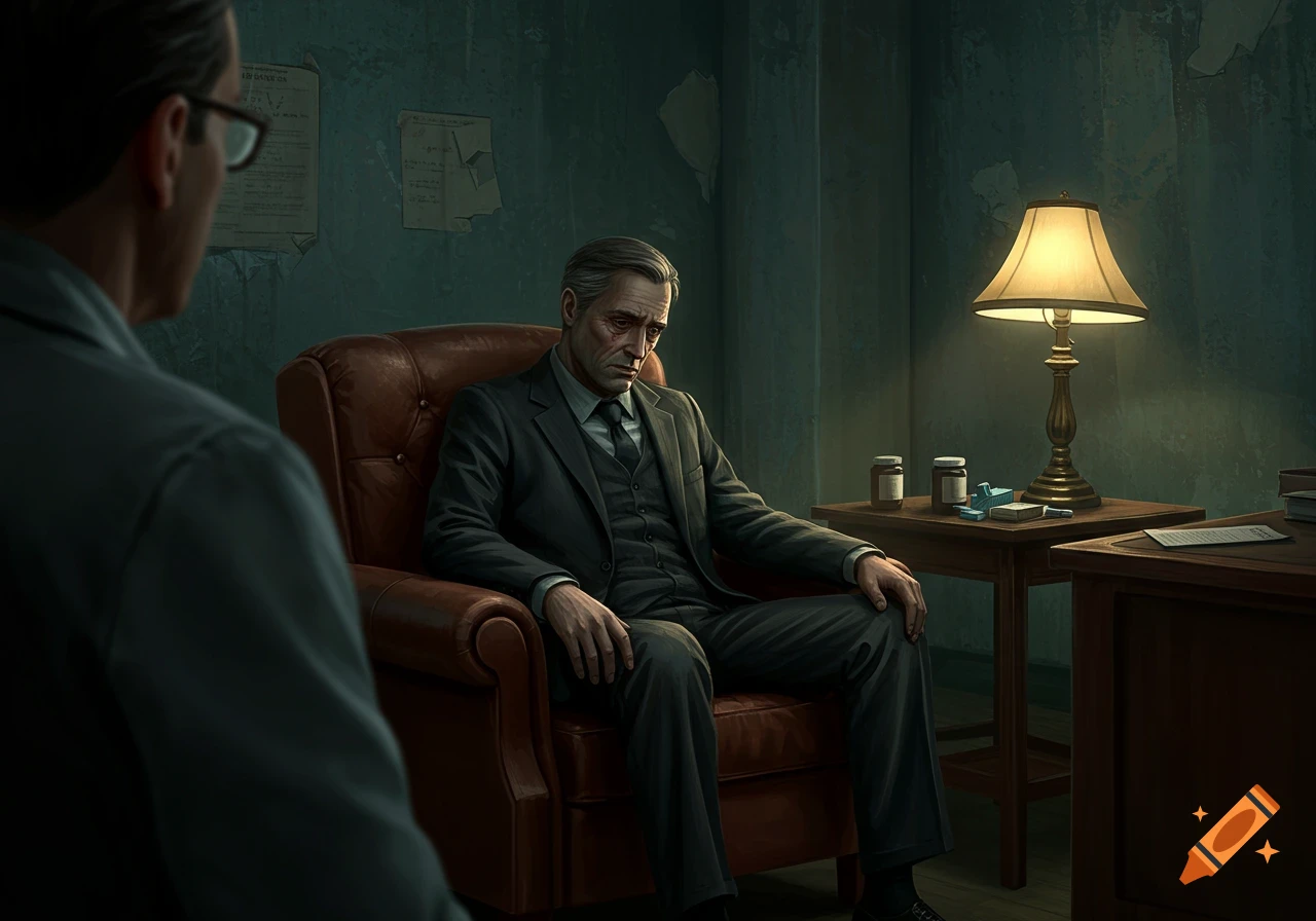 A depressed man in a suit sits in a chair during a therapy session in a rundown clinic, seen from behind the psychiatrist's head.