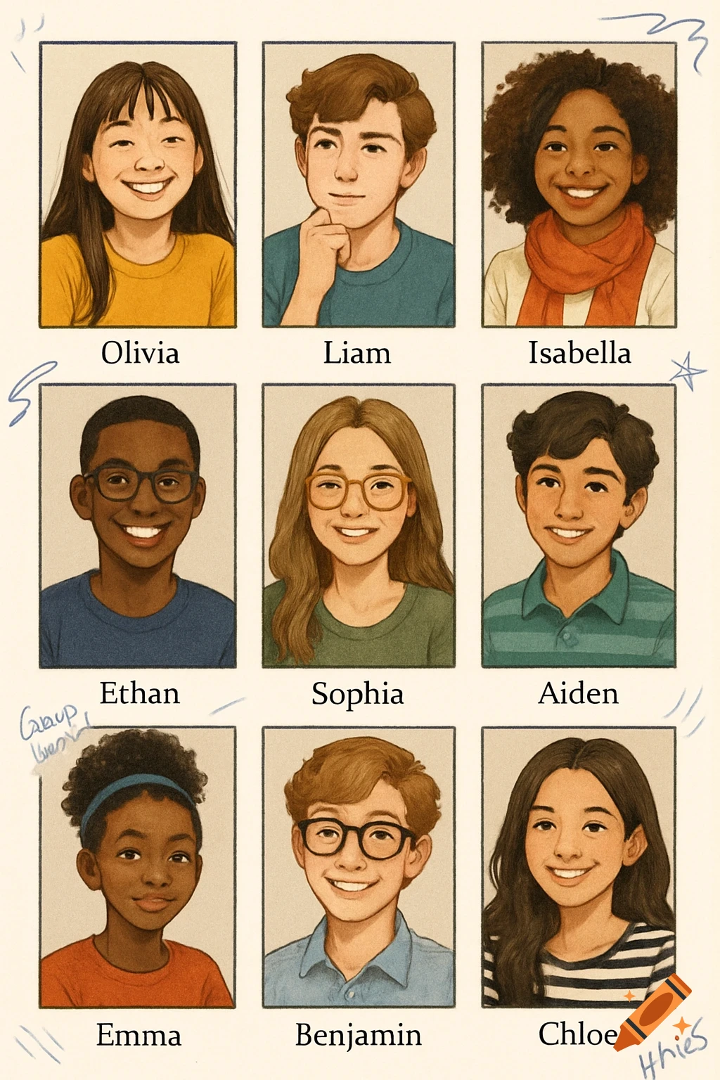 A grid of nine illustrated yearbook portraits of smiling diverse children and teenagers with their names below.