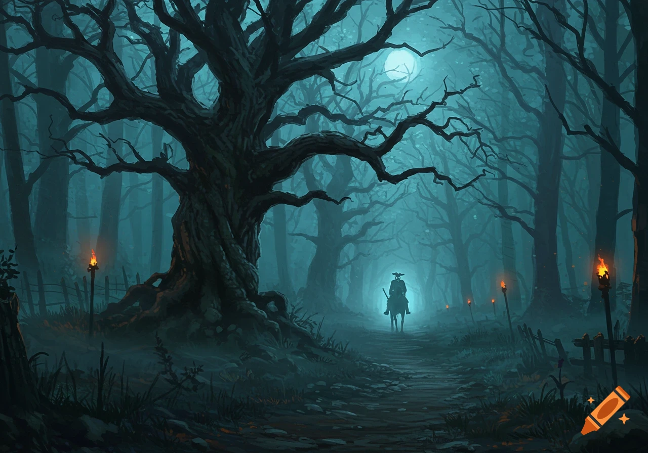 A lone figure on horseback rides through a dark, foggy, gnarled forest lit by moonlight and torches, in a gothic fantasy art style.