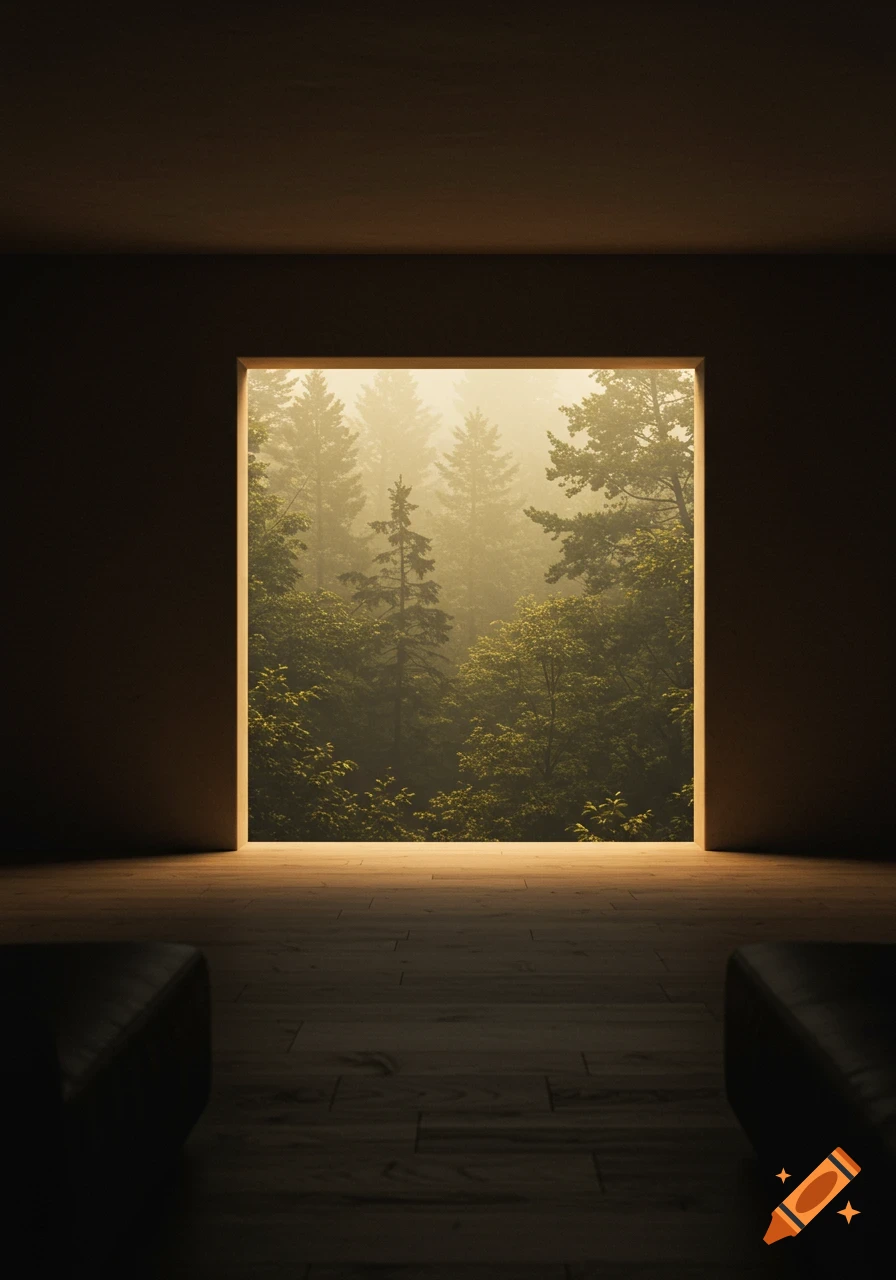 Minimalist room with a large, centered window overlooking a dense, foggy forest, in warm, muted tones.
