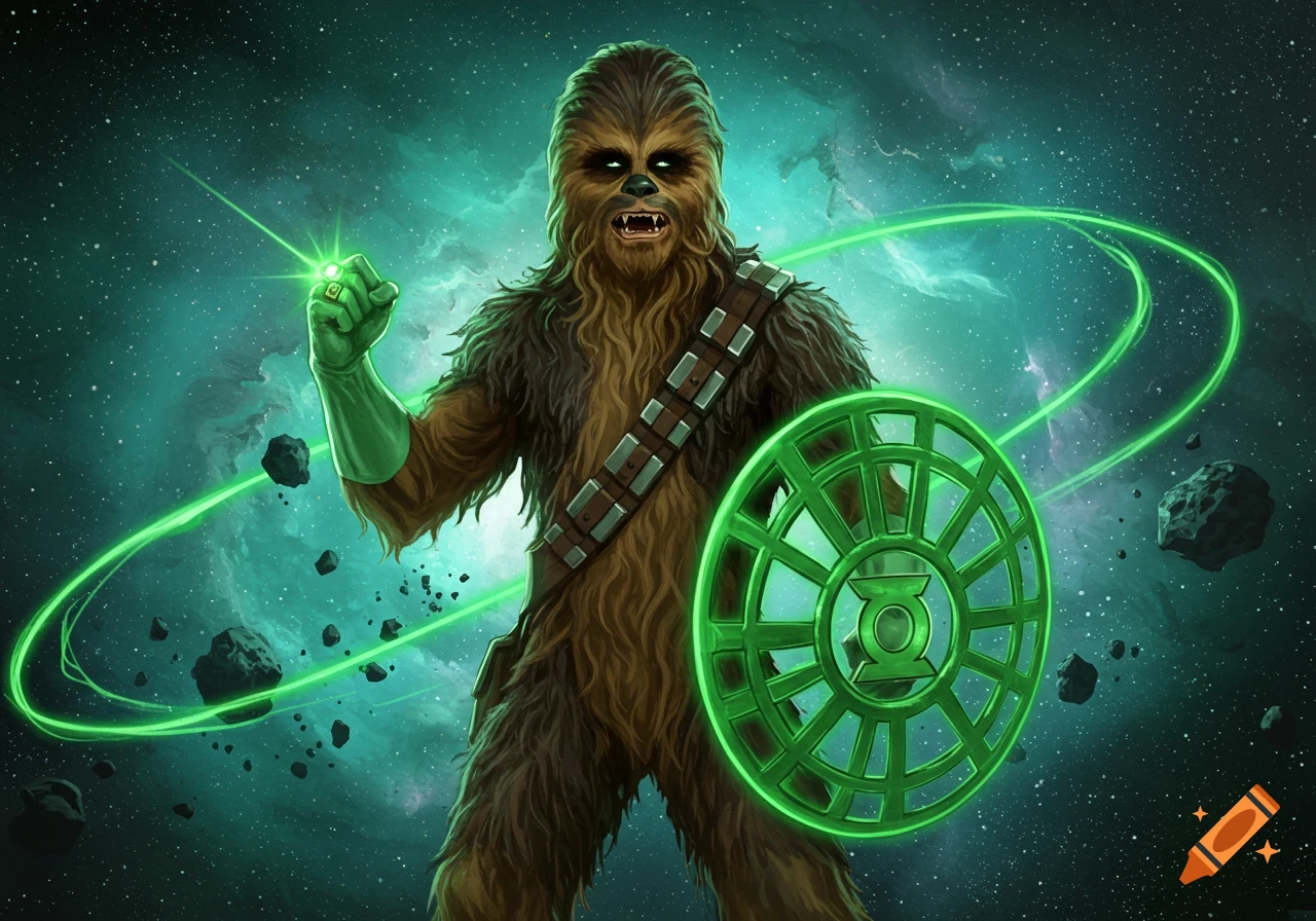Chewbacca as a Green Lantern, holding a glowing green power ring and shield in space with asteroids.