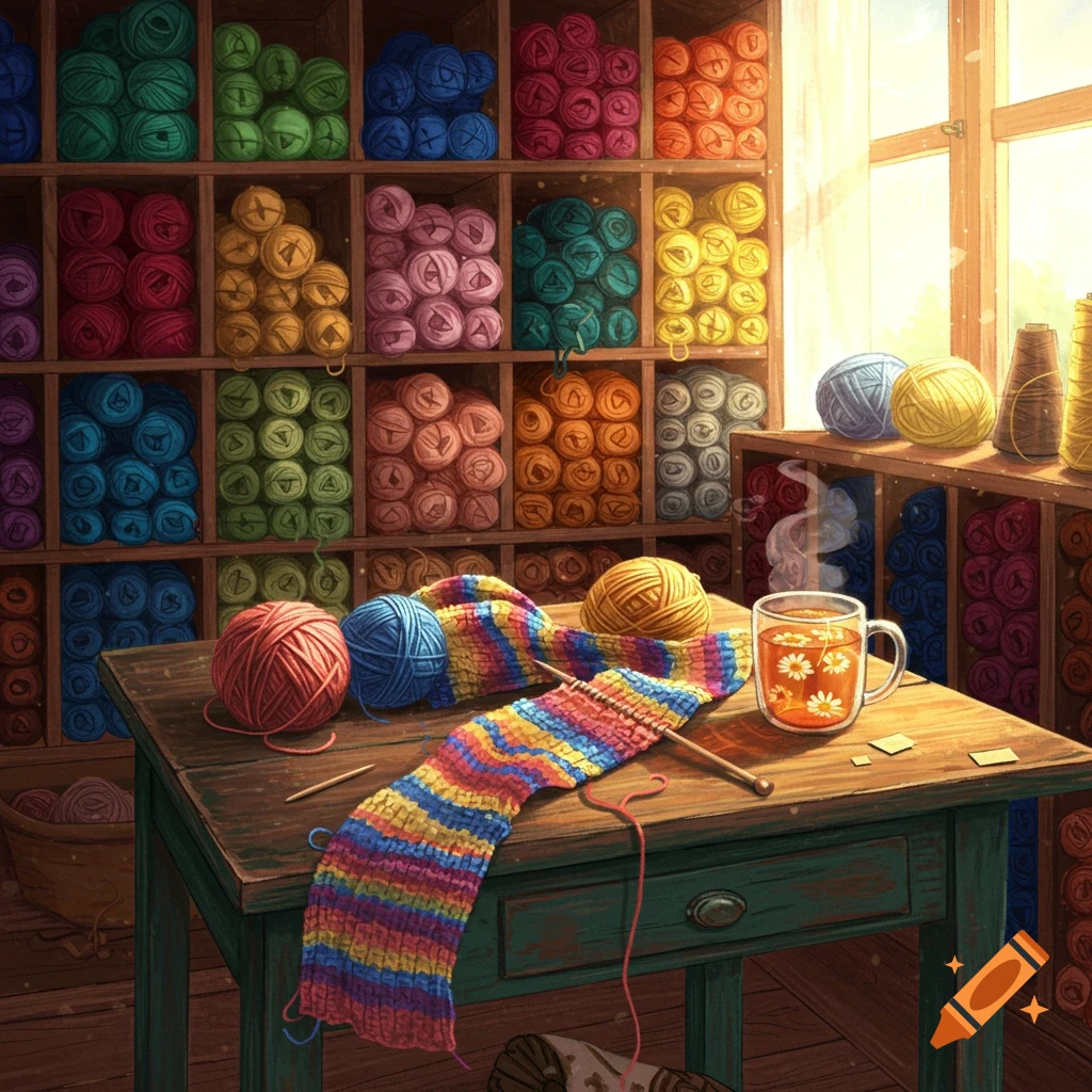 A cozy craft room with shelves full of colorful yarn, a wooden table with knitting in progress, and a steaming cup of tea.