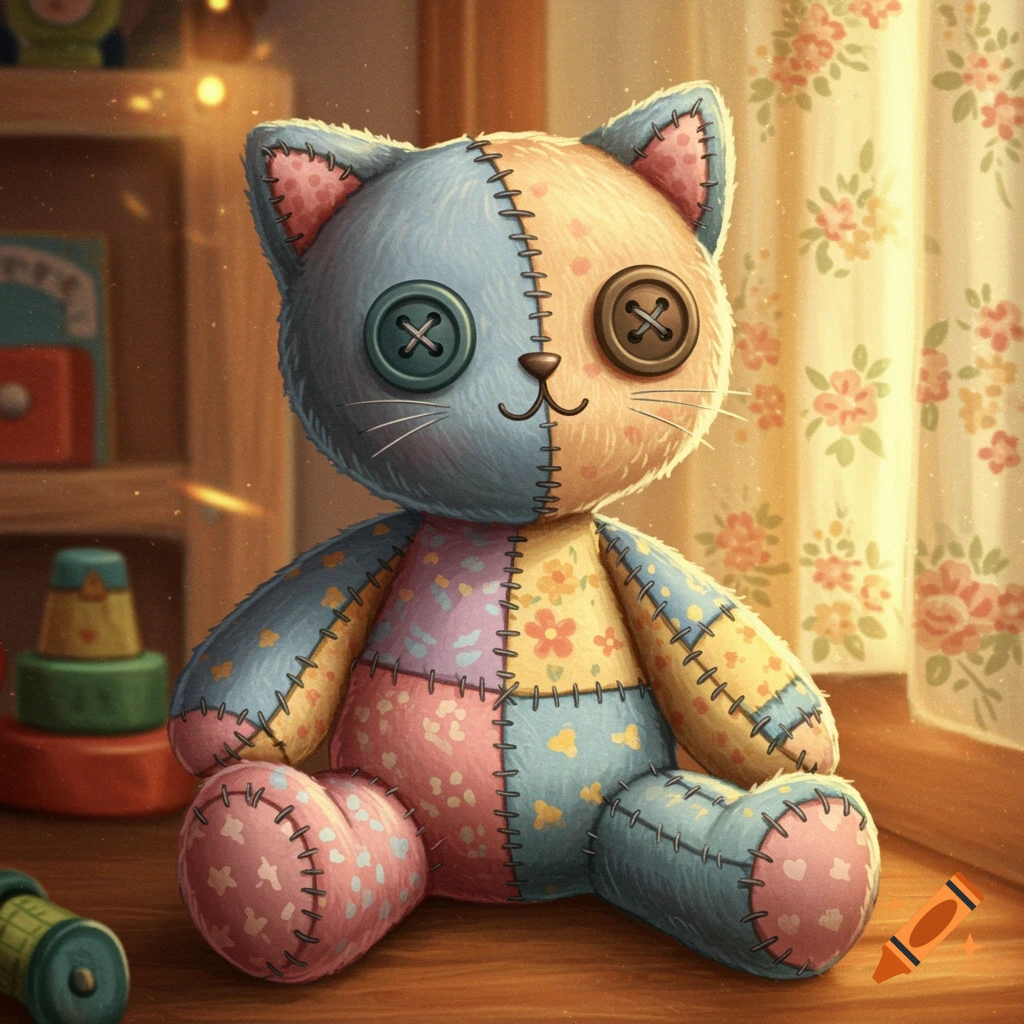 A cute patchwork rag doll cat with button eyes and stitches, sitting on a wooden floor by a window with floral curtains.