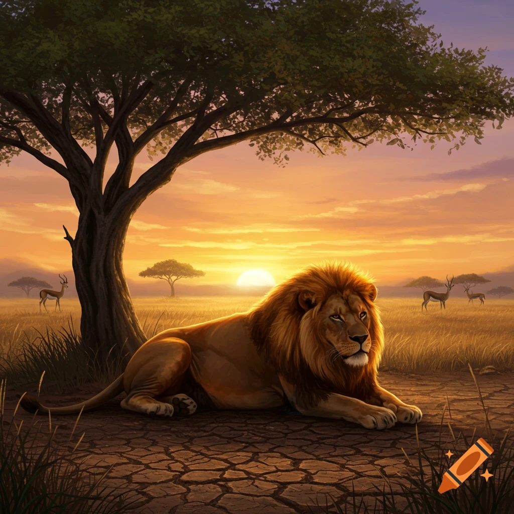 A majestic lion rests under a tree in a dry savanna at sunset, with a vibrant orange sky and antelopes in the distance.