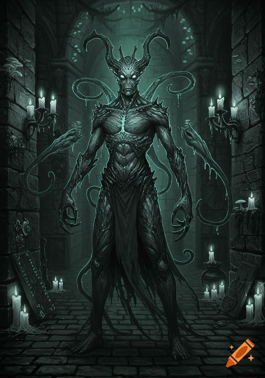 A dark fantasy illustration of a horned, skeletal creature with glowing eyes and chest, standing in a candlelit gothic hall.