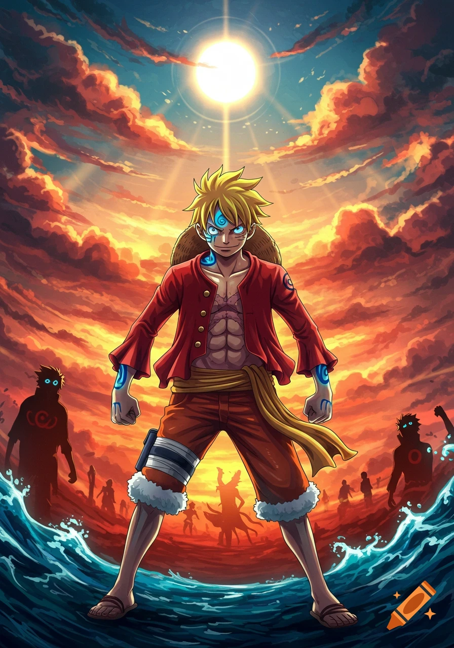 Anime character with blond hair and straw hat, glowing symbols, stands in water against a fiery sunset with silhouettes.