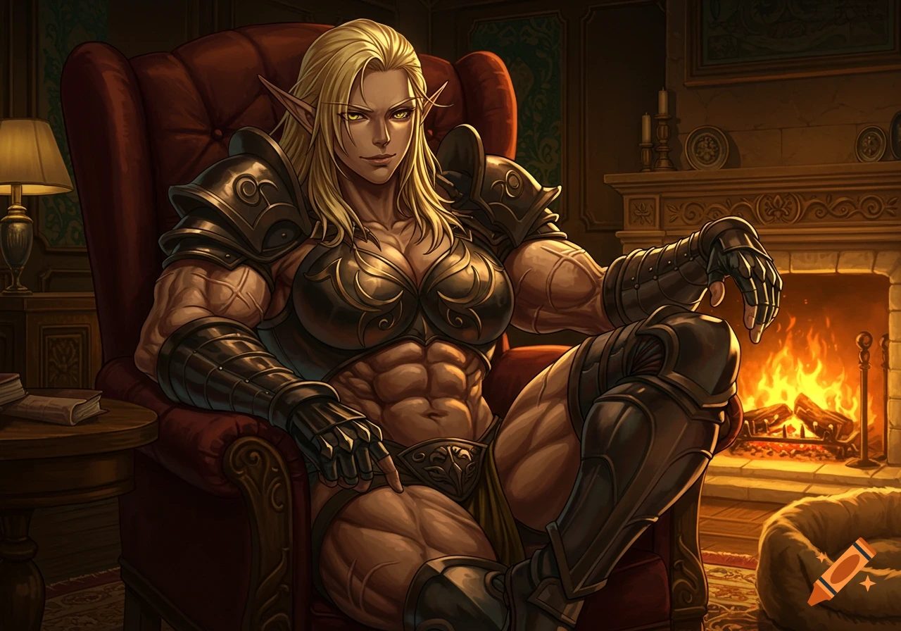 Muscular blonde elf woman in gladiator armor sitting in a chair by a fireplace, in anime style.