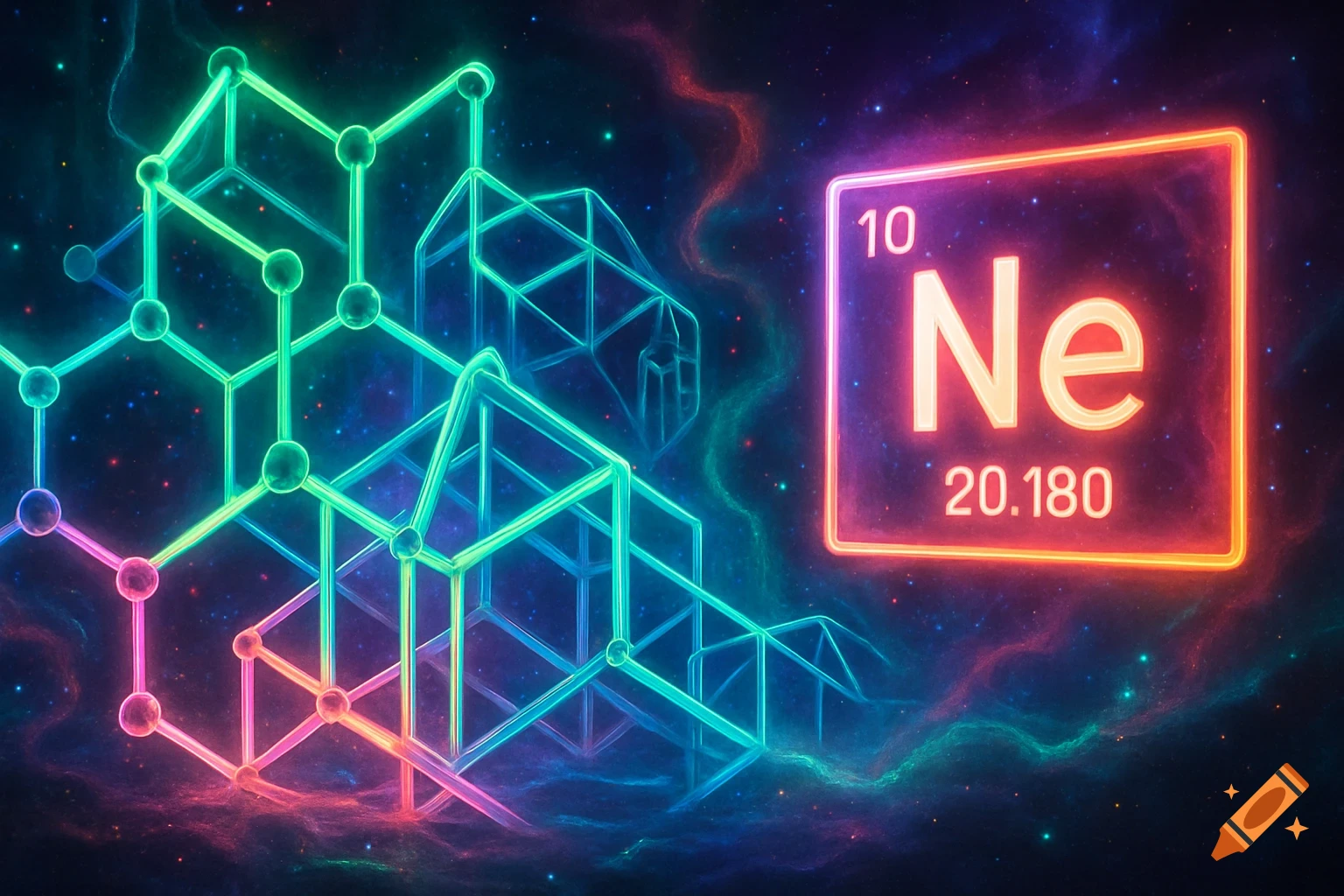 Vibrant neon-glowing periodic table square for Neon (Ne) with molecular structures and a starry nebula background.