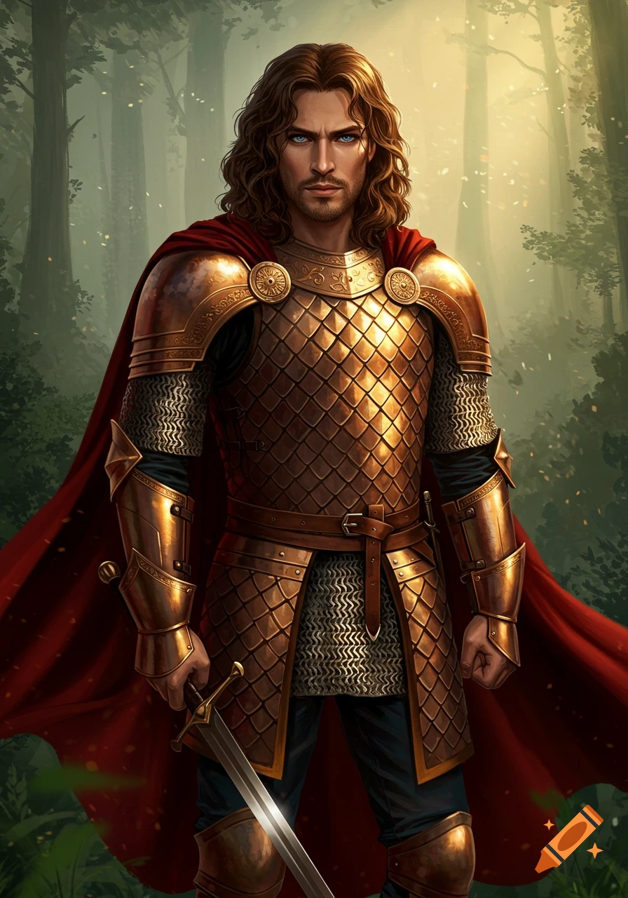 A handsome medieval warrior with brown hair and blue eyes stands in a forest, wearing bronze scale mail armor and a red cape, holding a sword.