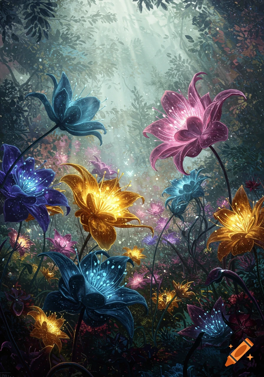 Vibrant, glowing fantastical flowers in shades of blue, purple, pink, and gold light up a mystical, dark forest with sunbeams.