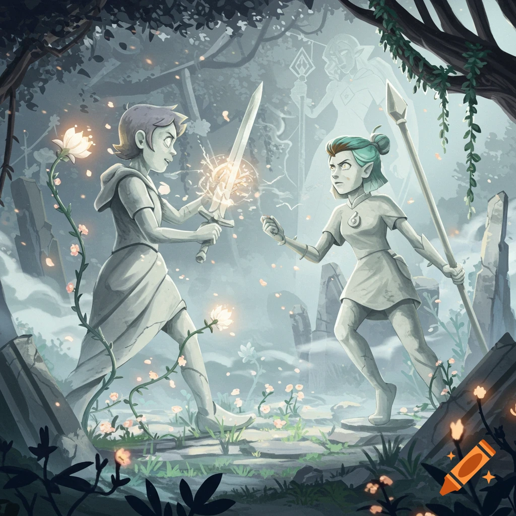 Cartoon illustration of two stone statues, Luz and Amity, fighting with a glowing sword and spear in a mystical forest.
