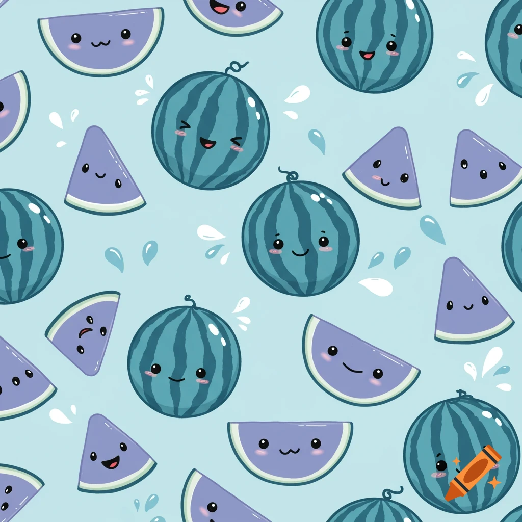 A seamless pattern of cute blue cartoon watermelons and slices with smiling faces and water splashes on a light blue background.